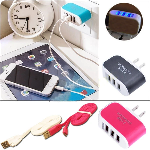 Triple USB Charging Port Data Cable Charger Cord for Samsung Sony Andriod phones - Image 1 of 4