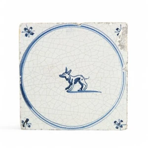 Nice Dutch Delft Blue animal tile, dog? in a circle, circa 1800. - Picture 1 of 2