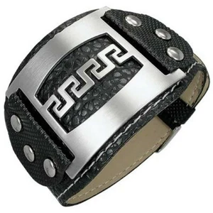 Edelstahl Kunstleder schwarz silberfarben griechischer Schlüssel Herren Armband - Bild 1 von 2