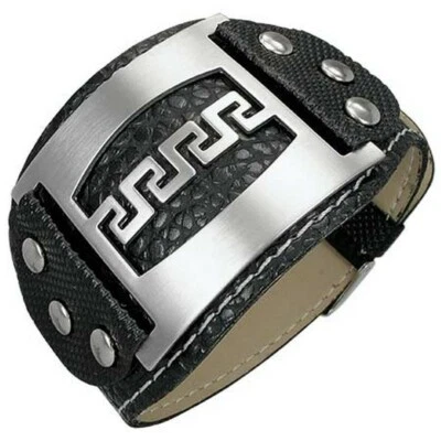 Pulsera de acero inoxidable imitación cuero PU negro tono plata llave griega para hombre Foto 1 de 2