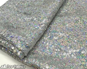 Iridescent Silver Mini Sequin Fabric By The Yard on Mesh Fabric - Picture 1 of 9
