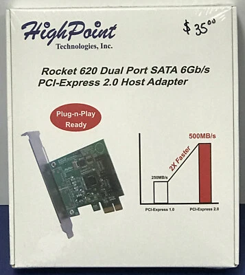 HIGHPOINT ROCKET 620 DUAL PORT SATA 6GB/S PCI-EXPRESS 2.0 HOST ADAPTER NEW - Image 1 of 2
