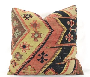 Decorative Turkish Salmon Navy Kilim Pillow Cover 20x20 Gold Kilim Throw Cushion - Picture 1 of 10