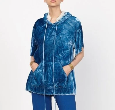Raquel Allegra половина рукав толстовка с капюшоном Топ синий бархат шелк синий вручную окрашенный Fray $641 - Изображение 1 из 4