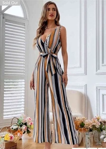 SHEIN Jumpsuit gestreift Surplice Neck ärmellos weites Bein, Größe L - Bild 1 von 20