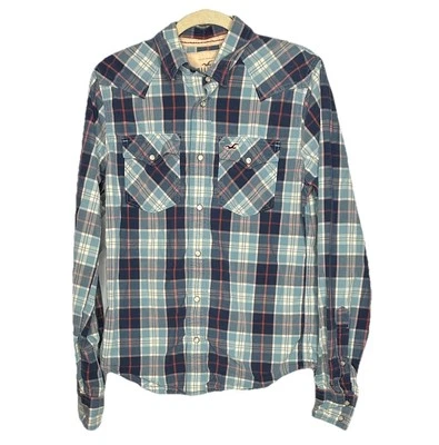 Vtg Hollister Womens Pearl Snap Shirt M Blue Pink Plaid Long Sleeve Y2K Grunge - Image 1 of 4