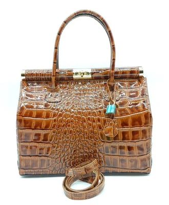 Italian Shiny Croc Embossed Leather Handbag Satchel – Made In Italy - Brown - Image 1 of 4