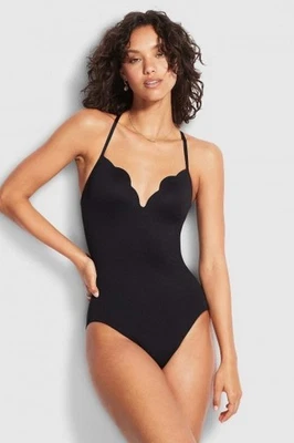 Traje de baño Seafolly Petal Edge Sweetheart de una pieza negro EE. UU. talla 8 playa clásico Foto 1 de 4