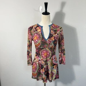 Y2K Retro Floral Semi Sheer Tunic Top Mod 70s Inspired Groovy Psychedelic Size M - Picture 1 of 5