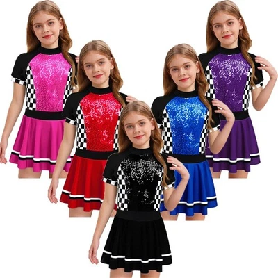 UK Girls Race Car Driver Costume Checkerboard Sequins Leotard Dress Dance Party