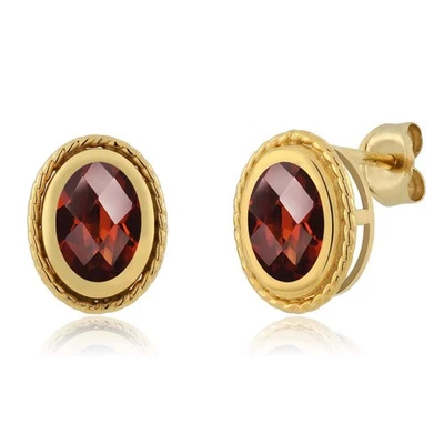 1.60 Ct Oval Checkerboard Shape Red Garnet Gold Plated Silver Stud Earrings - Image 1 of 2
