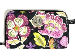Vera Bradley Wallet Black Purple Floral Zipper EUC 8”x 5” - Picture 1 of 12