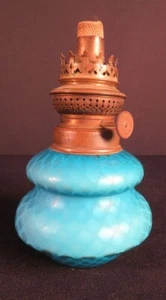 1880's Blue Satin Diamond Quilt Mother-Of-Pearl Victorian Kerosene Oil Font - Picture 1 of 6