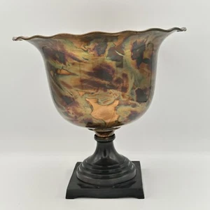 Large Brass Bowl On Pedestal Beautiful Pattern And Colors Scalloped Edge - Picture 1 of 17