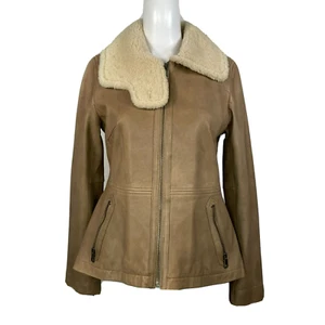 Chaqueta Abrigo Banana Republic Mujer Talla XS Cuero Cordero Tostado Piel de Oveja Bolsillos con Cremallera - Imagen 1 de 11