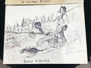 Vintage Hand Drawn Artwork "Gone Fishing" Dog Boy Man - Picture 1 of 2