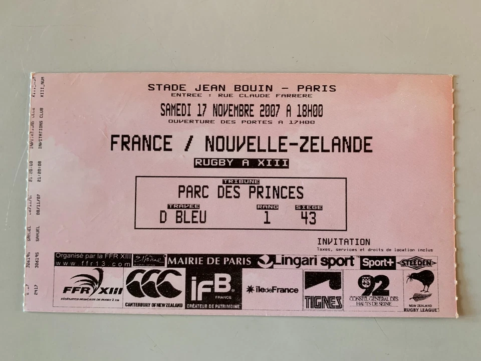 TICKET MATCH RUGBY FRANCE NOUVELLE ZELANDE 17 NOVEMBRE 2007 - Photo 1/2
