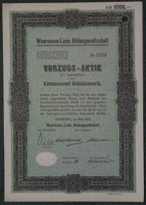 Lot 40 X Woermann-Linie Aktiengesellschaft Vorzüge 1927 1000 RM - Bild 1 von 1