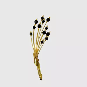 Broche Vintage Alto Ramo de Flores con Estrás Negro Jet Tono Dorado - Imagen 1 de 3