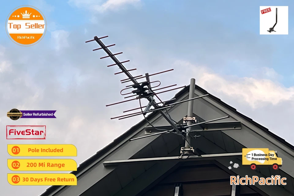 Antena de TV Exterior Yagi 250 Millas con Poste para Largo Alcance UHF VHF FM Foto 1 de 4