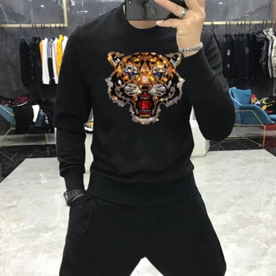 New Fashion Tiger Rhinestones Winter Warm Hoodie Men Luxury Sweatshirt Pullover - Image 1 of 4