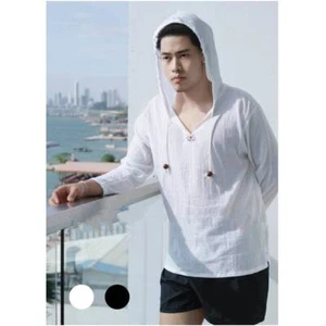 Thai Northern Shirt Long Sleeve White Men T-Shirt Hoodie Cotton Unisex Black - Picture 1 of 12