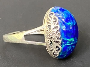 Handmade in Australia solid blue opal flower half-bezel sterling silver ring - Picture 1 of 14