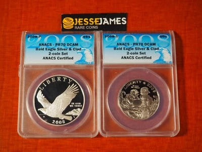 2008 50C S & $1 P PROOF SILVER BALD EAGLE COMMEMORATIVE DOLLAR ANACS PR70 SET - Image 1 of 4