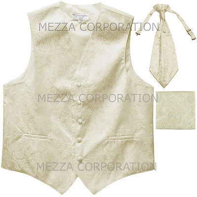 New Men's Paisley Tuxedo Vest Ascot Cravat Hankie set party Ivory wedding formal - Image 1 of 4