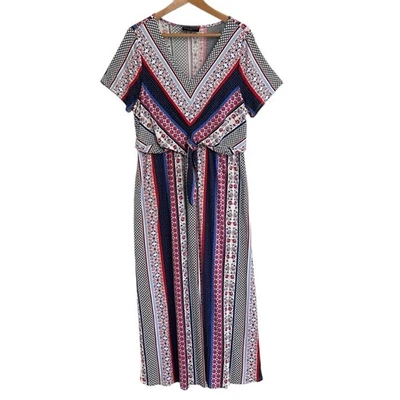 Vestido midi Lane Bryant a rayas estampado mixto lazo cintura cuello en V 18/20 rojo azul Foto 1 de 4