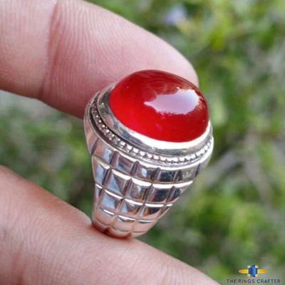 Premium Red Yemeni Agate 925 Sterling Silver Handmade Aqeeq Ring For Men Size 10 - Image 1 of 3