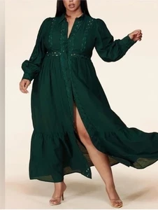 Latiste dunkelgrünes Maxikleid skurrile Cut Outs Langarm Größe 1X bescheiden - Bild 1 von 12