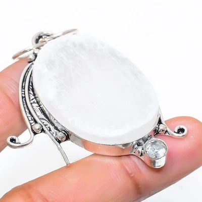 Selenite, pietra preziosa topazio bianco 925 ciondolo gioiello in argento ste... - Immagine 1 di 4