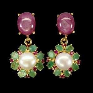 925 Sterling Silver Earrings Oval Ruby 10x8mm Emerald Pearl Gemstone Jewelry - Picture 1 of 14