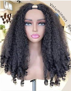 Soku Curly V Part Wig Synthetic Hair Black Bouncy Curls Half Wig 20” Free Extras - Picture 1 of 9