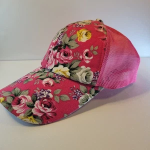 Women’s Floral Pink Mesh Trucker Hat – Adjustable Hook & Loop Back – Rose Print  - Picture 1 of 6