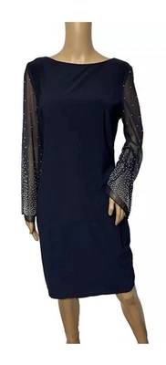 Vintage Cachet Formal Dress Rhinestone Sheer Bell Sleeves Midi Dress Sz 10 Blue - Image 1 of 4