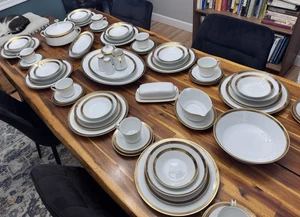 Noritake Milton 6688 China 71pc Set + Serving Pcs Gold Red Geometric Band MINT - Picture 1 of 23