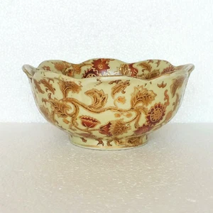 Vintage Bowl Centerpiece Asian Floral Decorative Scalloped Rim Gold Gild Ceramic - Picture 1 of 8