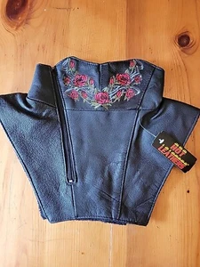 Ladies Bikers Black Leather Dickie Size S Tribal & Roses By Hot Learhers NWT - Picture 1 of 6