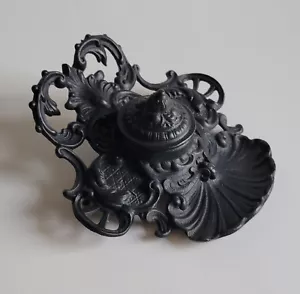 Victorian Black Vintage Lidded Art Nouveau Heavy Metal Writing Desk Inkwell Ink - Picture 1 of 12