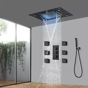 49cm&35cm LED Rain Thermostatic Shower Faucet System 6 Body Sprays Jets Black - Picture 1 of 11