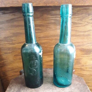 Antique Vintage Soda Bottles Blue Glass Marked SP 9" Tall 2.5" wide - Picture 1 of 23