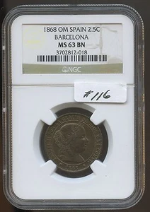 Spain 1868 OM 2.5C (#116) NGC MS63BN. Krause Unpriced above XF. Only One Graded - Picture 1 of 2