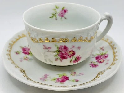 Taza y platillo de porcelana vintage rosa rosa detalle dorado taza de té bávara en relieve Foto 1 de 4