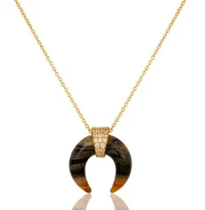 Gold-Plated Zebra Jasper & White Zircon Horn Chain Pendant Necklace For Women - Picture 1 of 4