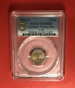 DEUTSCHLAND -1923-J-1 PFENNIG MÜNZE,GRADED BY PCGS- MS65 RB……SELTEN…TOLLE MÜNZE. - Bild 1 von 4