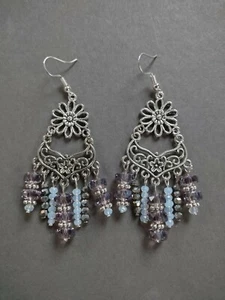 Orecchini fatti a mano lampadario boho lavanda opale e argento goccia cristallo - Foto 1 di 1