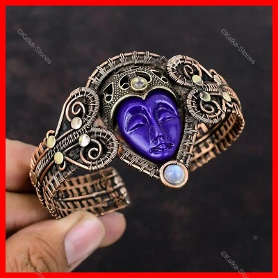 Bracelete de cobre natural roxo esculpido rosto arco-íris pedra da lua fio envolto - Imagem 1 de 4