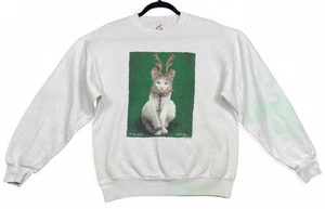 Vintage 90s Will Bullas Holiday Cat Sweatshirt Adult M White Reindeer Christmas - Picture 1 of 22